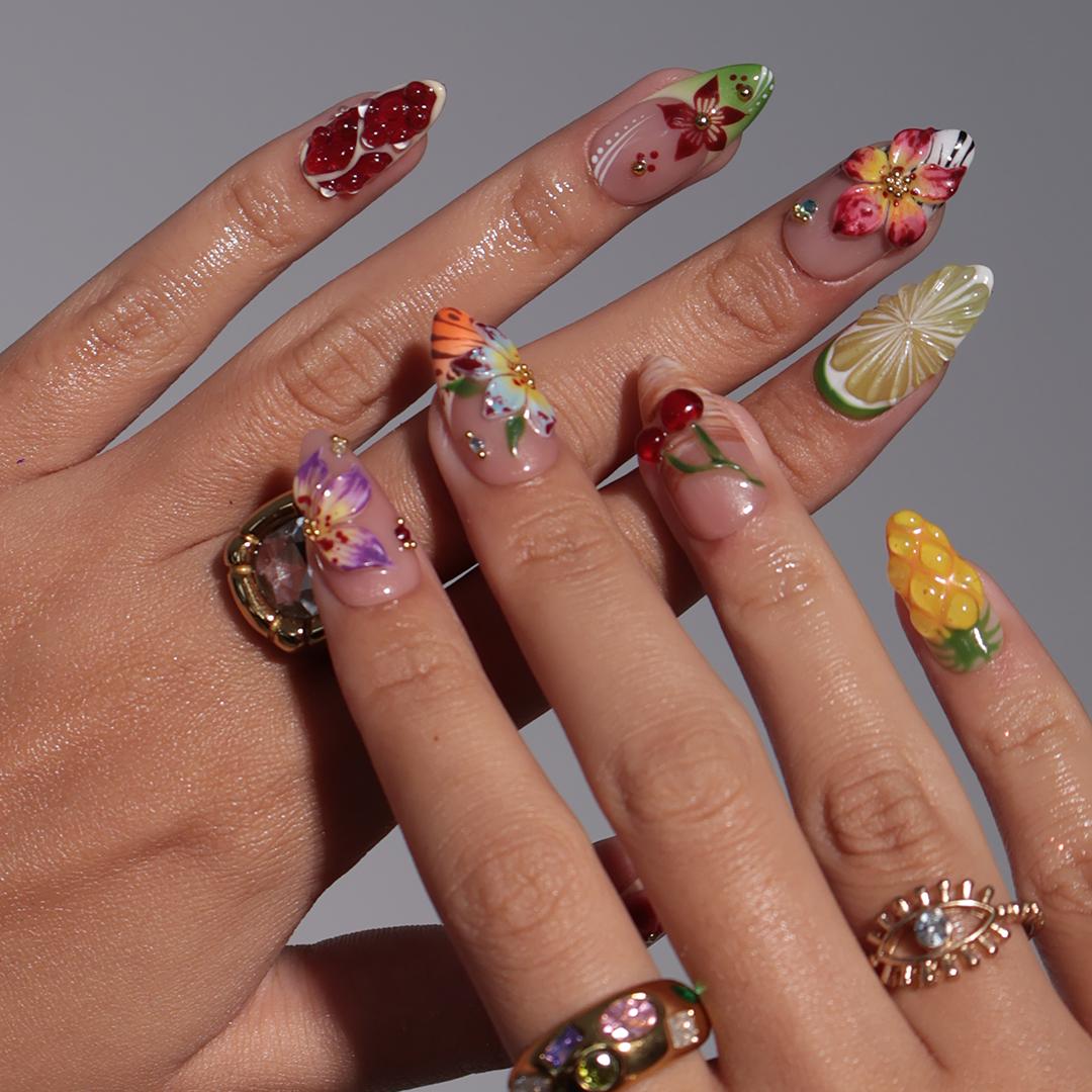 Summer Press On Nails Tropical Orchard with Leopard Print | 3D Floral Fake Nail in Medium Almond | Handmade Nail Art for Holiday, Vacation