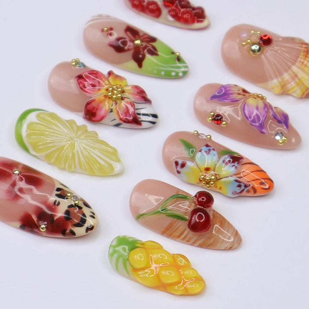 Summer Press On Nails Tropical Orchard with Leopard Print | 3D Floral Fake Nail in Medium Almond | Handmade Nail Art for Holiday, Vacation