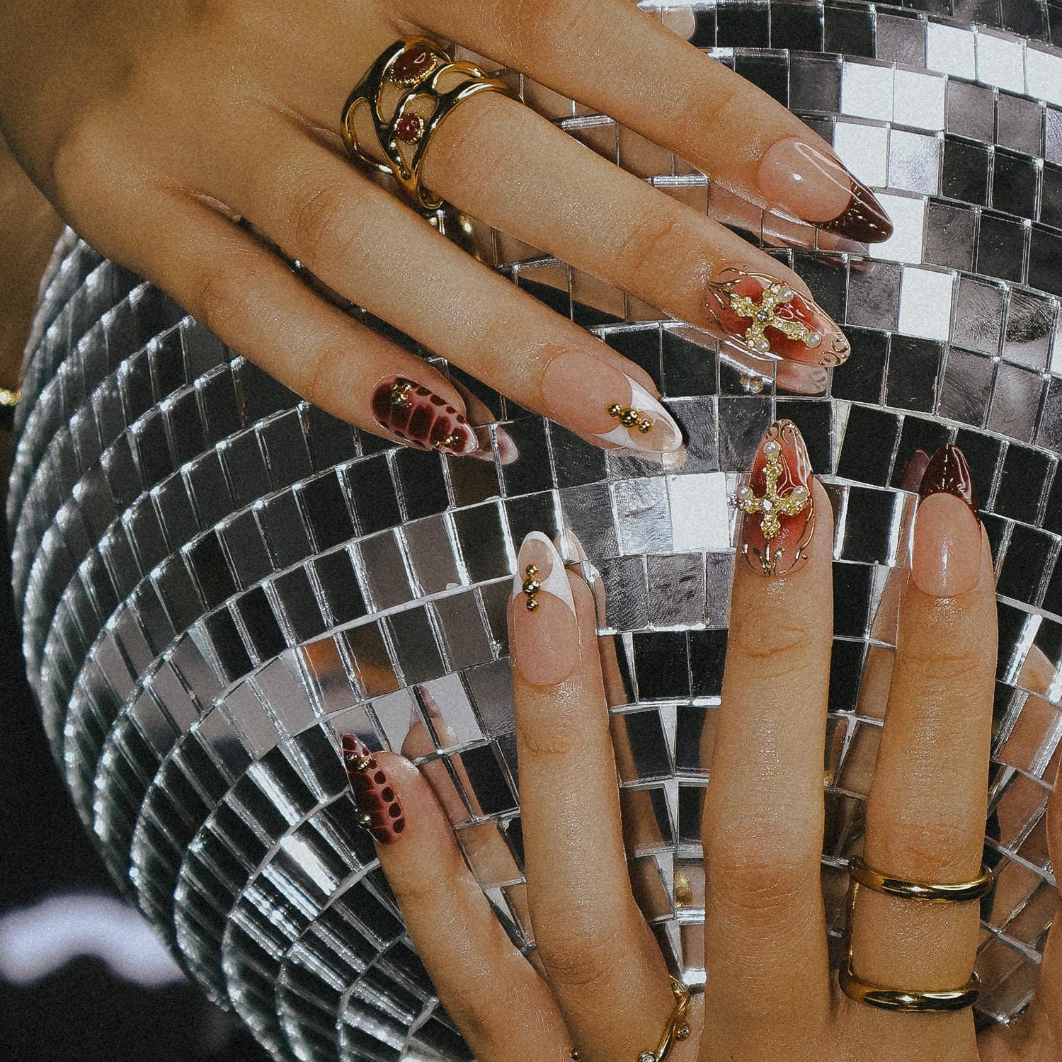 Press On Nails Gold Cross with Red Marble | Glam Fake Nails in Medium Almond | Handmade Luxury Nail Art for Vacation, Birthday, Gift