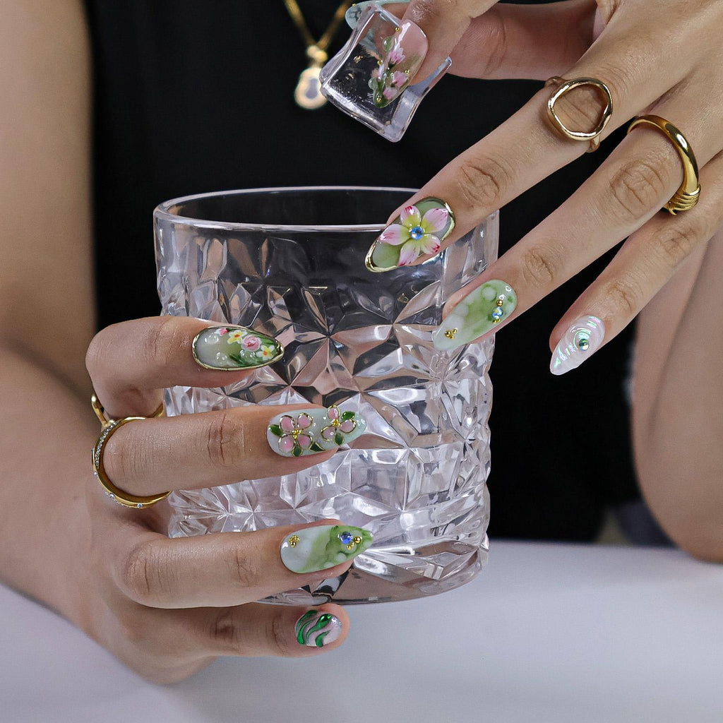Press On Nails Dragonfly with Pink Flower | 3D Nature Fake Nails in Long Almond | Handmade Spring Nail Art for Holiday, Vacation, Birthday