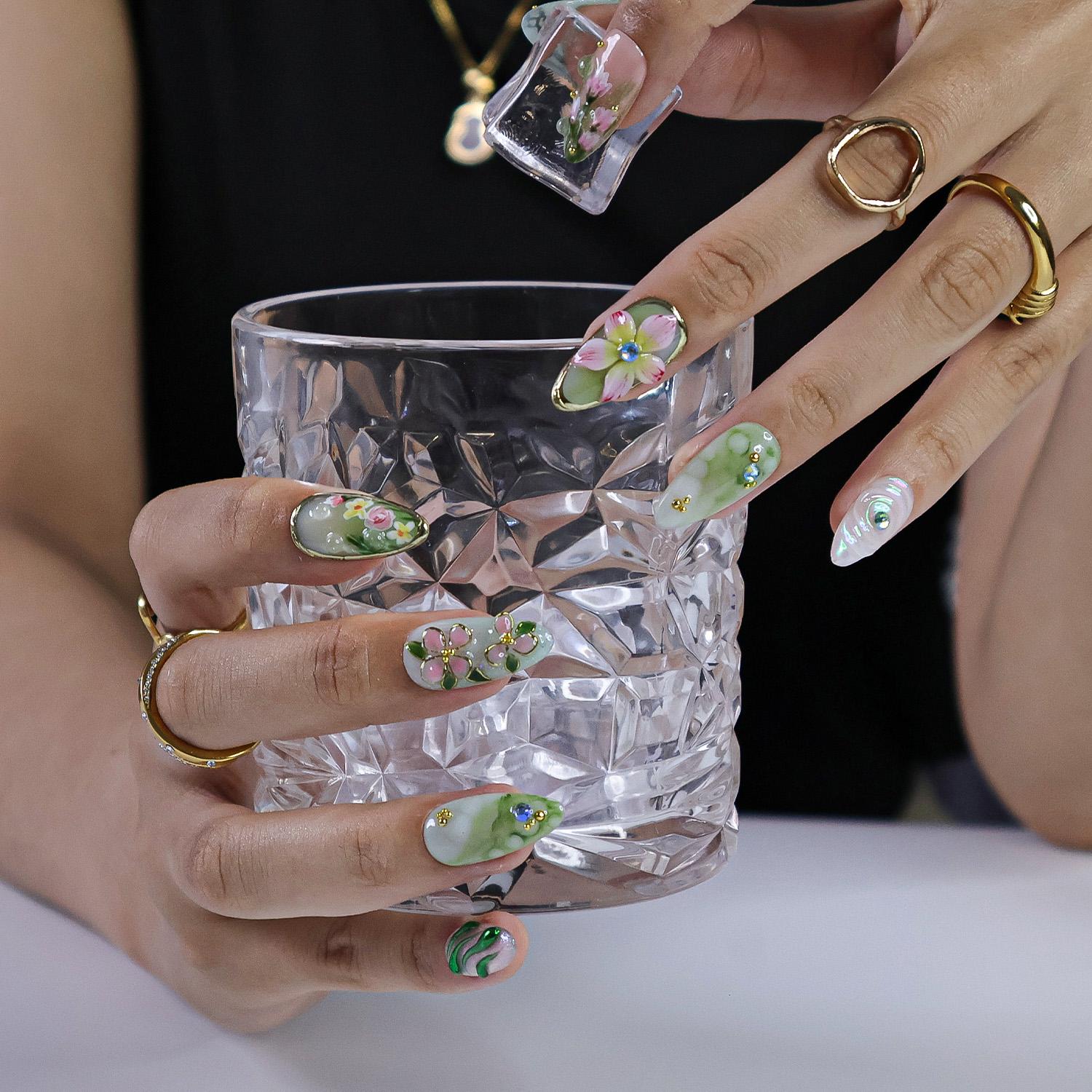 Press On Nails Dragonfly with Pink Flower | 3D Nature Fake Nails in Long Almond | Handmade Spring Nail Art for Holiday, Vacation, Birthday