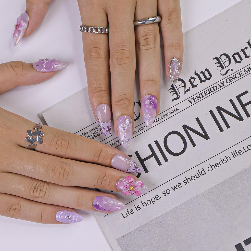 Press On Nails Purple Flower with Butterfly | 3D Pastel Fake Nails in Medium Almond | Handmade Spring Nail Art for Holiday, Vacation, Gift