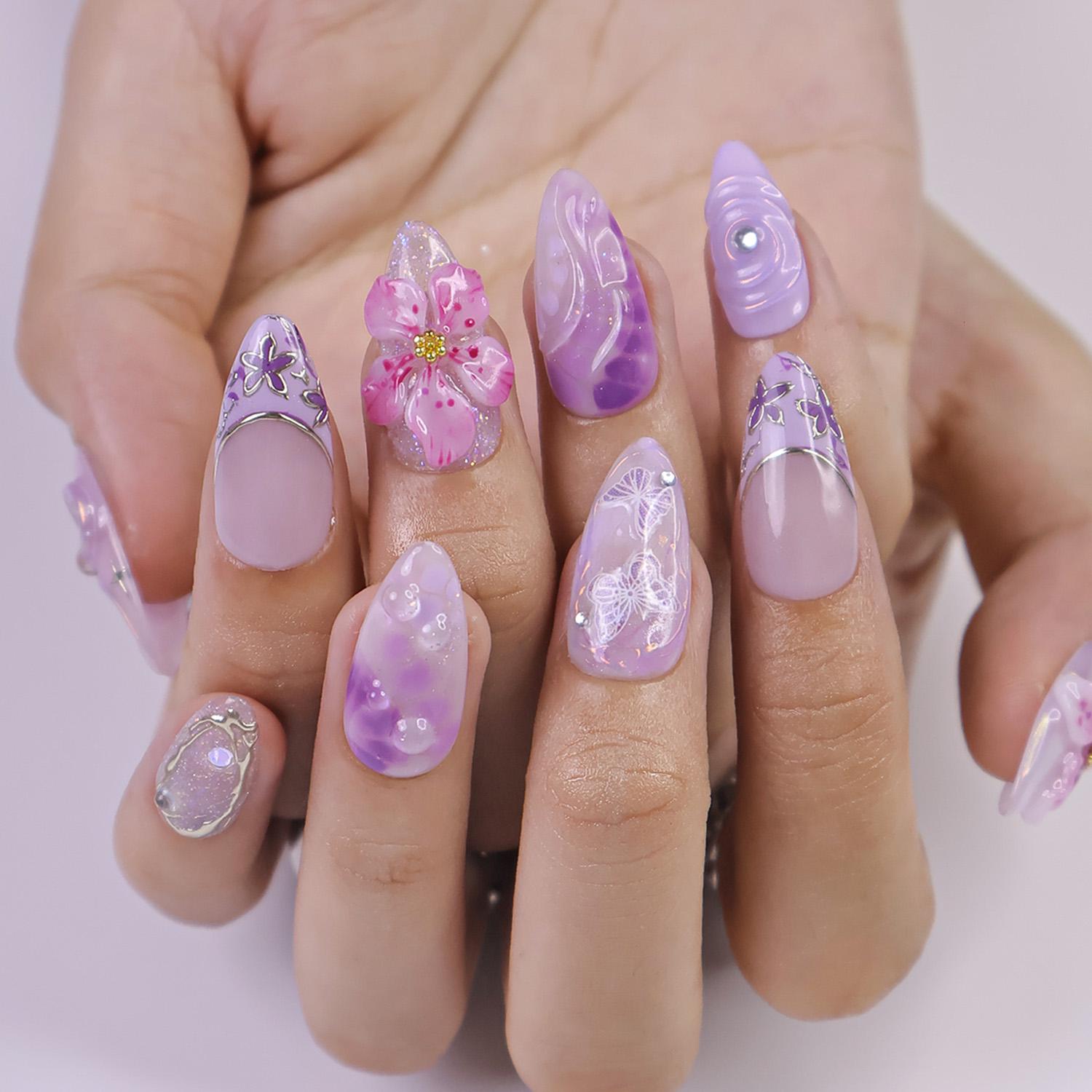 Press On Nails Purple Flower with Butterfly | 3D Pastel Fake Nails in Medium Almond | Handmade Spring Nail Art for Holiday, Vacation, Gift