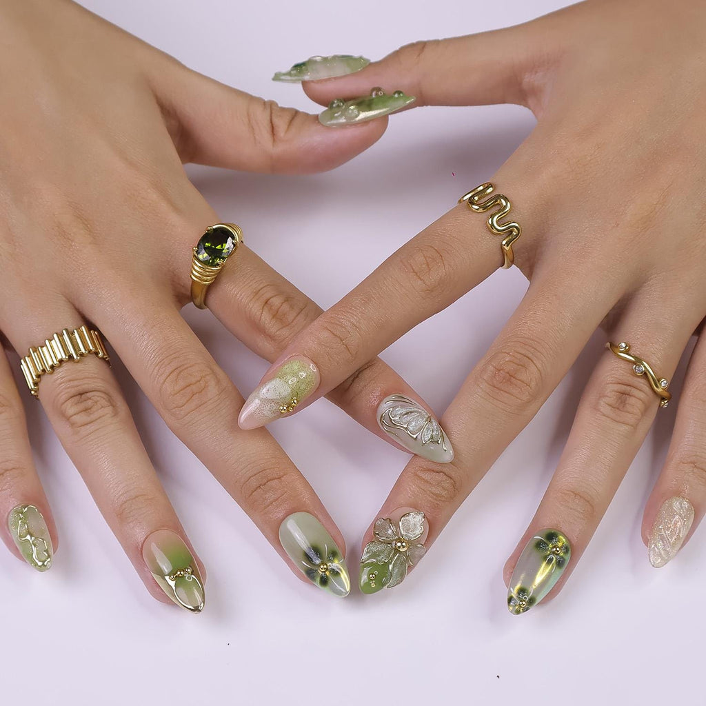 Press On Nails Green Butterfly with Gold Vine | 3D Floral Fake Nails in Medium Almond | Handmade Spring Nail Art for Holiday, Vacation, Gift