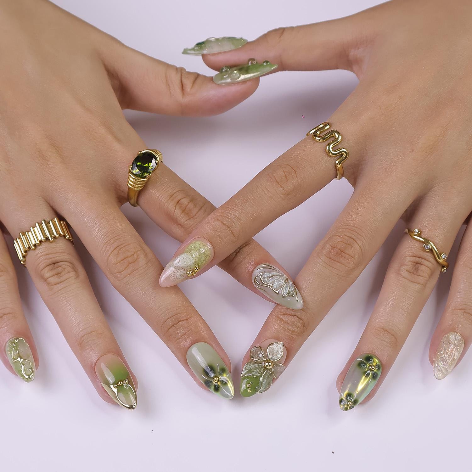 Press On Nails Green Butterfly with Gold Vine | 3D Floral Fake Nails in Medium Almond | Handmade Spring Nail Art for Holiday, Vacation, Gift