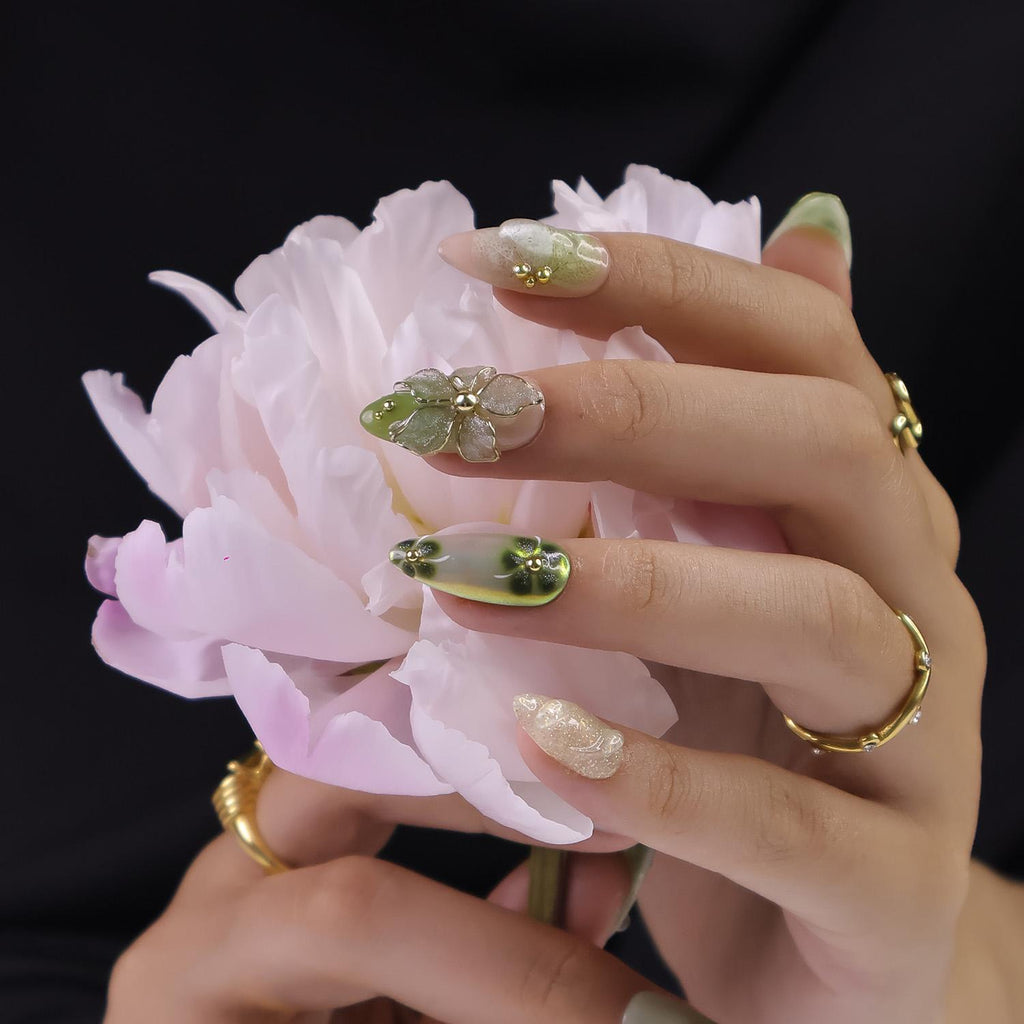 Press On Nails Green Butterfly with Gold Vine | 3D Floral Fake Nails in Medium Almond | Handmade Spring Nail Art for Holiday, Vacation, Gift