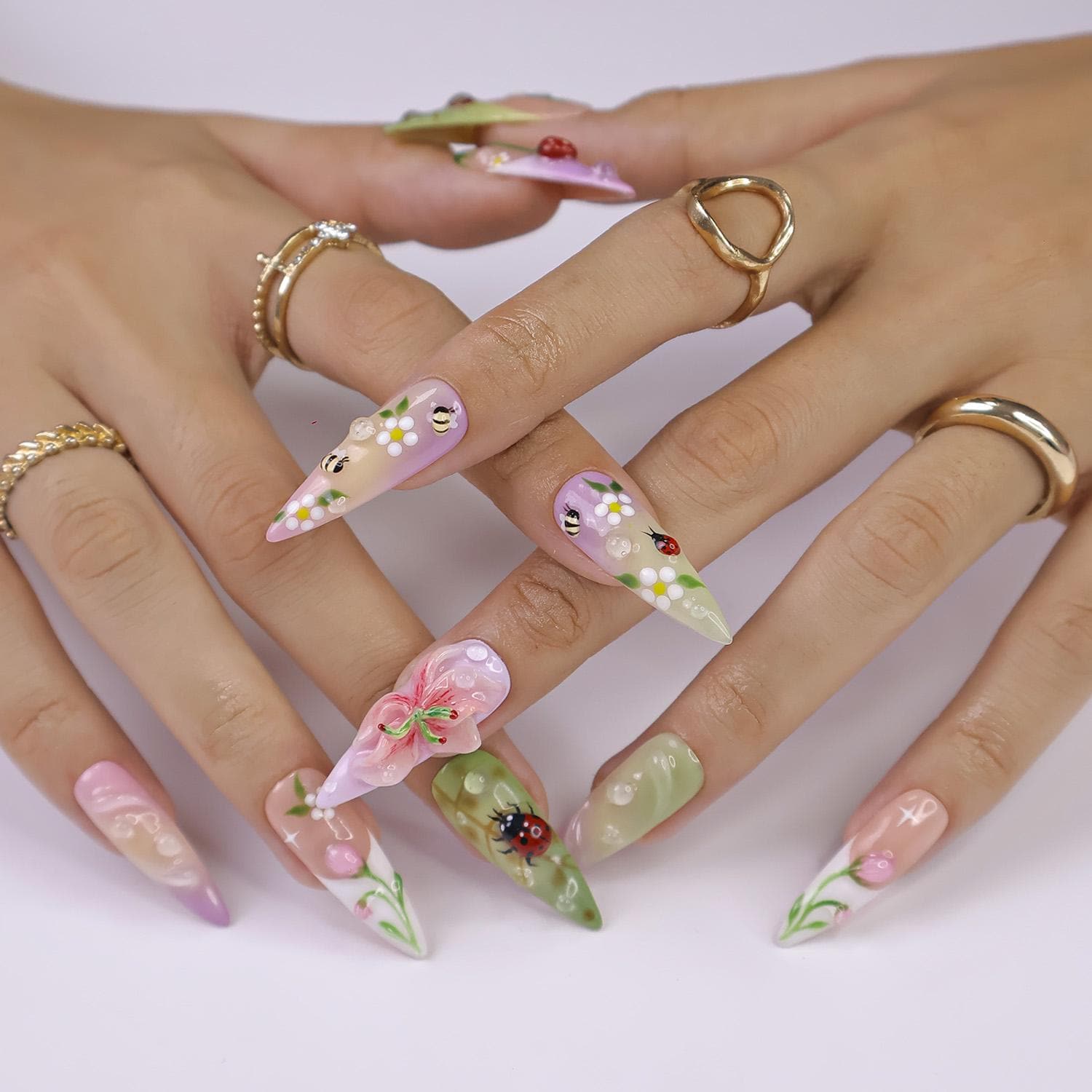 Press On Nails Ladybug with Bee | 3D Floral Fake Nails in Long Almond Shape | Handmade Spring Nail Art for Holiday, Vacation, Birthday, Gift