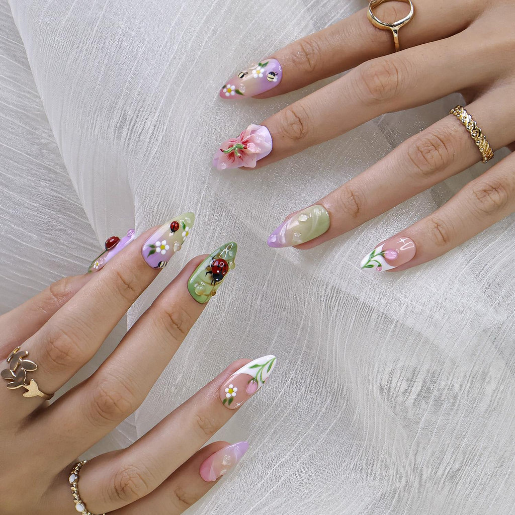 Press On Nails Ladybug with Bee | 3D Floral Fake Nails in Long Almond Shape | Handmade Spring Nail Art for Holiday, Vacation, Birthday, Gift