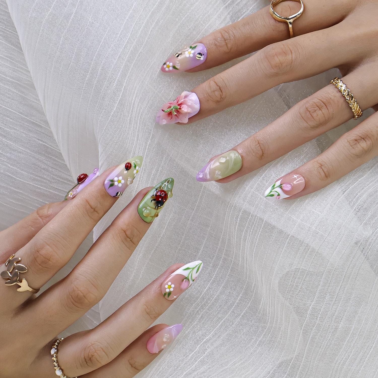 Press On Nails Ladybug with Bee | 3D Floral Fake Nails in Long Almond Shape | Handmade Spring Nail Art for Holiday, Vacation, Birthday, Gift