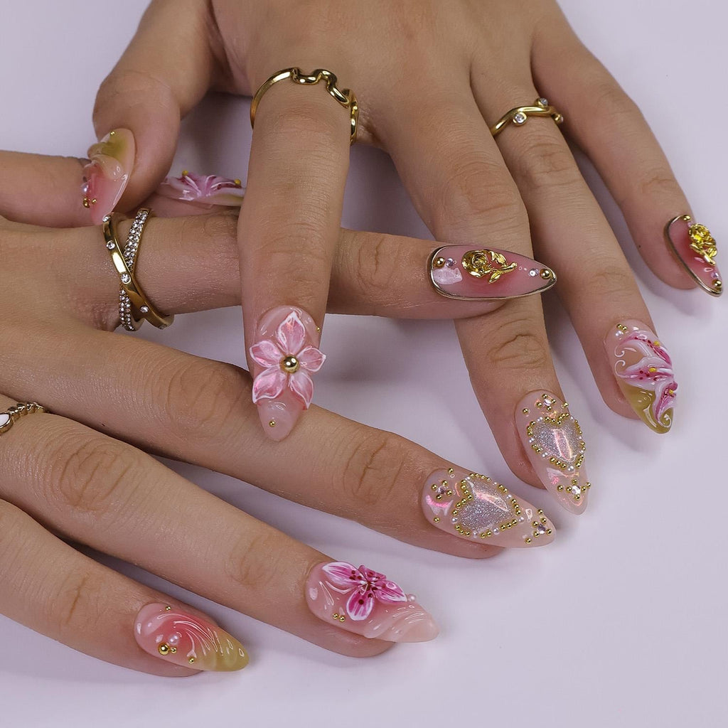 3D Pink Lily Flower Press On Nails, Gold Heart & Rose Spring Nail in Medium Almond, Elegant Handmade Nail for Wedding, Anniversary, Birthday