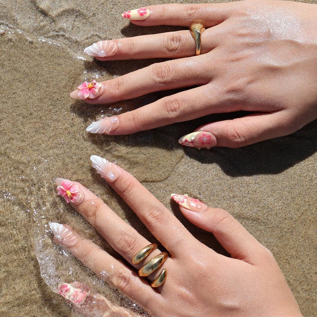 Summer Press On Nails Hibiscus Bloom with Pearl Shells | 3D Fake Nails in Medium Almond | Handmade Nail Art for Holiday, Vacation, Birthday