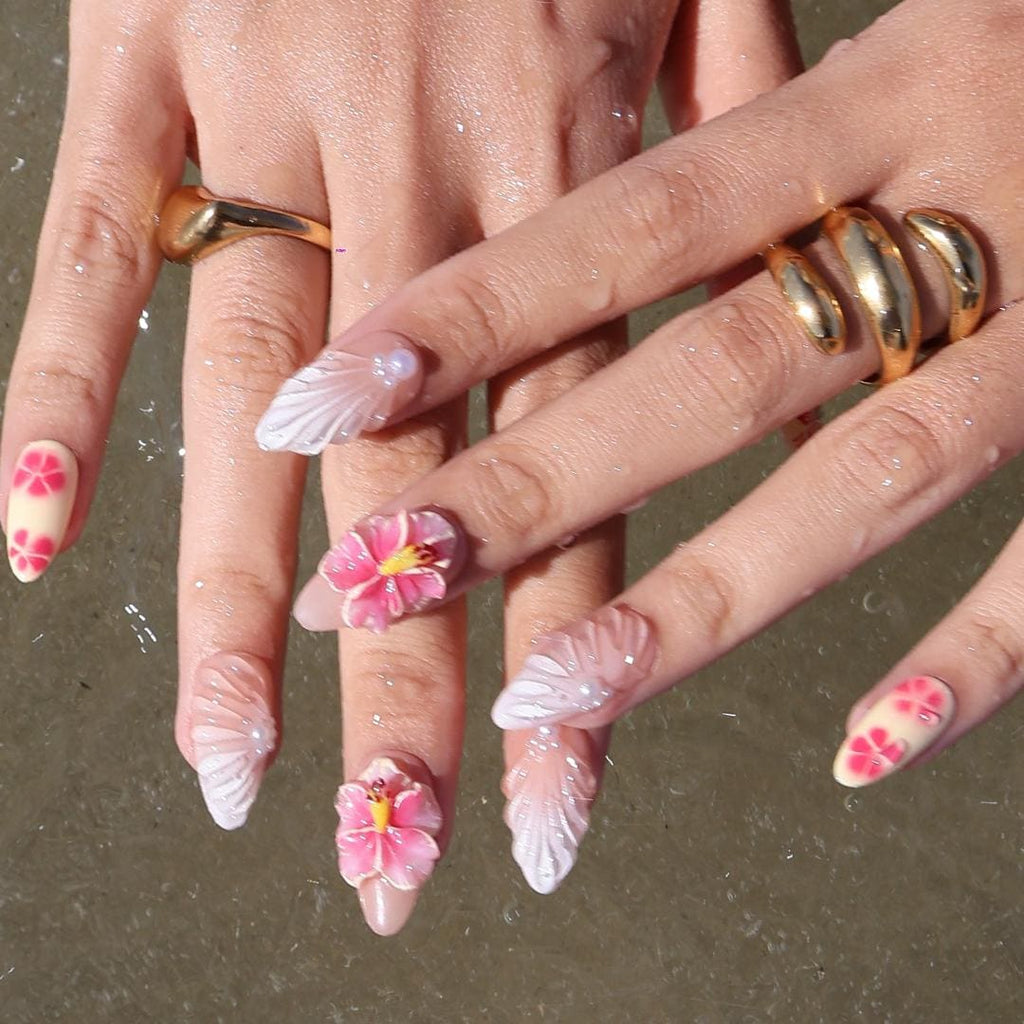 Summer Press On Nails Hibiscus Bloom with Pearl Shells | 3D Fake Nails in Medium Almond | Handmade Nail Art for Holiday, Vacation, Birthday