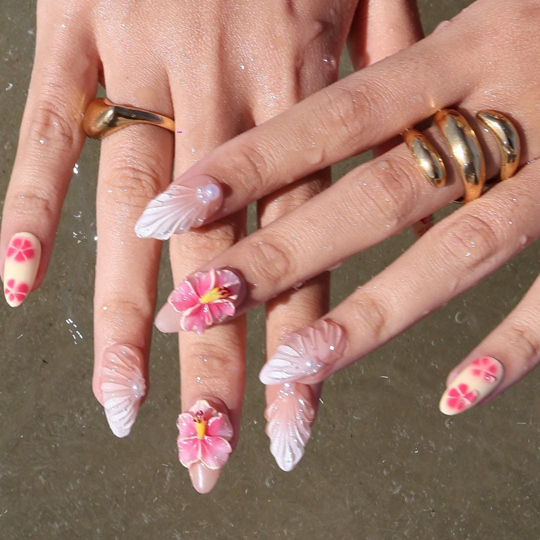 Summer Press On Nails Hibiscus Bloom with Pearl Shells | 3D Fake Nails in Medium Almond | Handmade Nail Art for Holiday, Vacation, Birthday