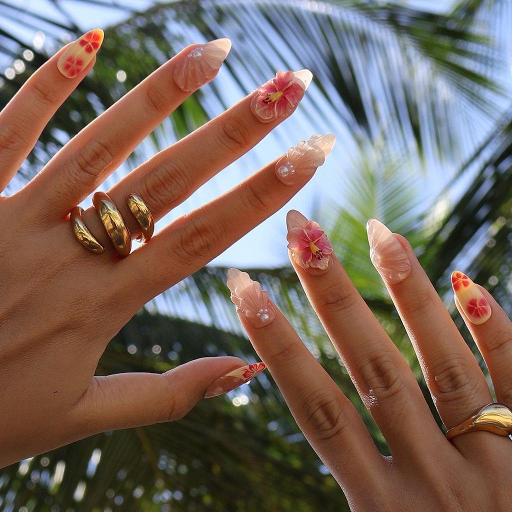 Summer Press On Nails Hibiscus Bloom with Pearl Shells | 3D Fake Nails in Medium Almond | Handmade Nail Art for Holiday, Vacation, Birthday