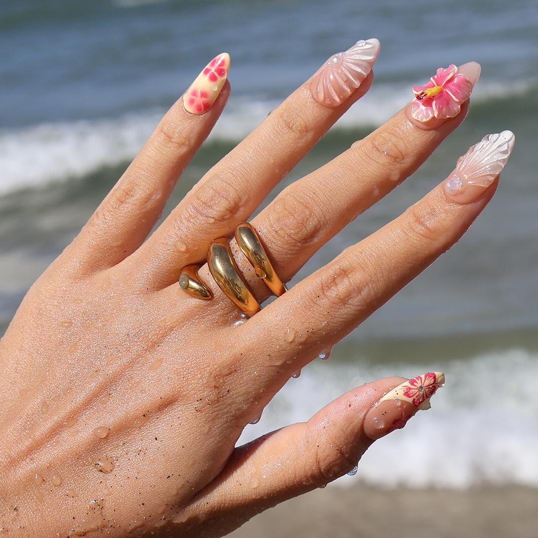 Summer Press On Nails Hibiscus Bloom with Pearl Shells | 3D Fake Nails in Medium Almond | Handmade Nail Art for Holiday, Vacation, Birthday