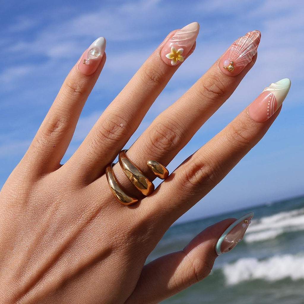 Summer Press On Nails Plumeria with Starfish | 3D Fake Nails in Medium Almond | Handmade Seashell Nail Art for Holiday, Vacation, Birthday