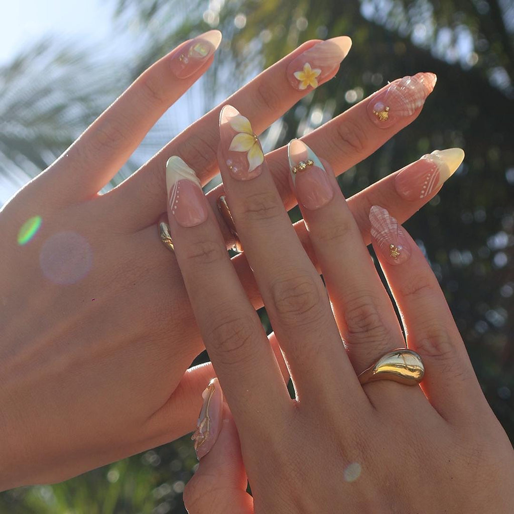 Summer Press On Nails Plumeria with Starfish | 3D Fake Nails in Medium Almond | Handmade Seashell Nail Art for Holiday, Vacation, Birthday