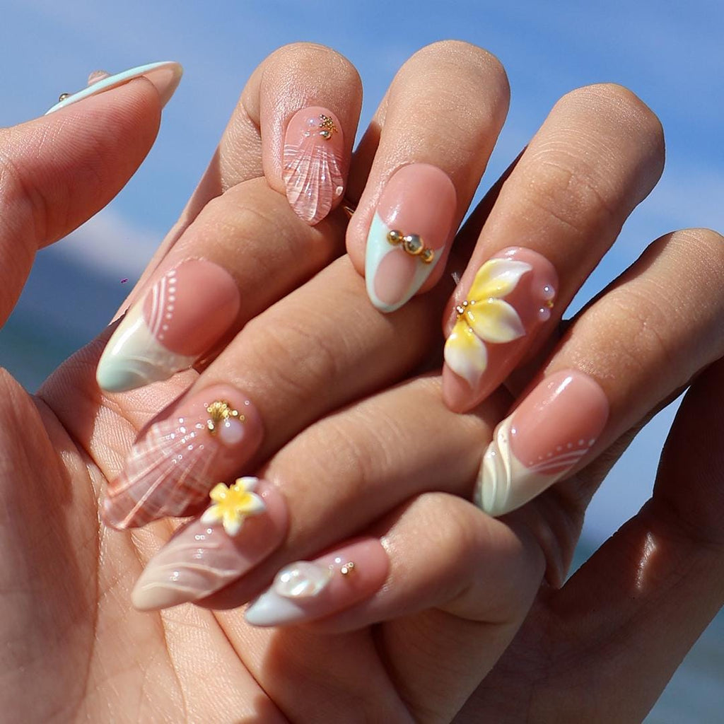 Summer Press On Nails Plumeria with Starfish | 3D Fake Nails in Medium Almond | Handmade Seashell Nail Art for Holiday, Vacation, Birthday