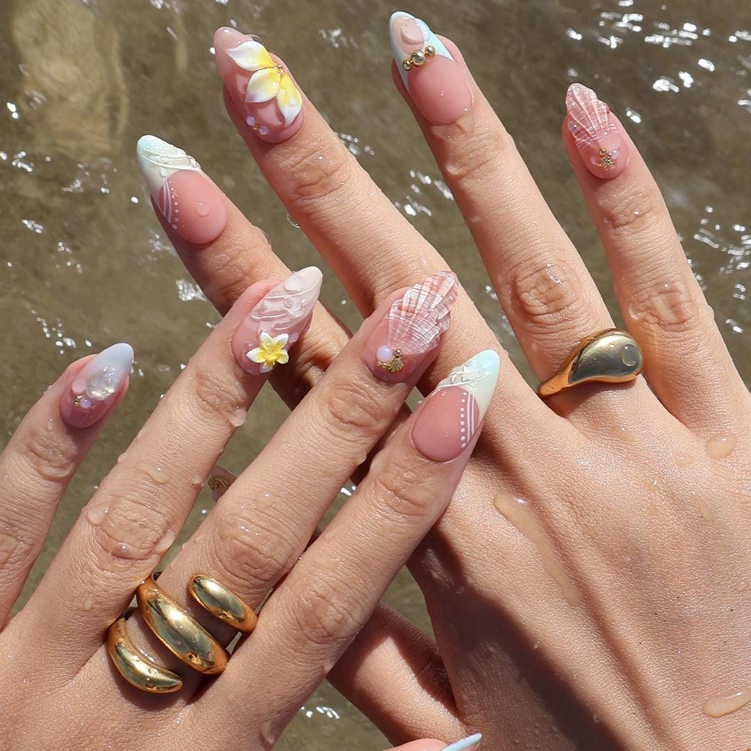 Summer Press On Nails Plumeria with Starfish | 3D Fake Nails in Medium Almond | Handmade Seashell Nail Art for Holiday, Vacation, Birthday