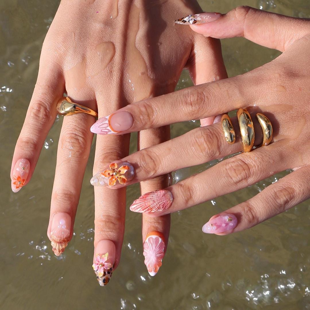 Summer Press On Nails Floral Sunset with Leopard Accents | 3D Starfish Fake Nails in Medium Almond | Handmade Nail Art for Holiday, Vacation