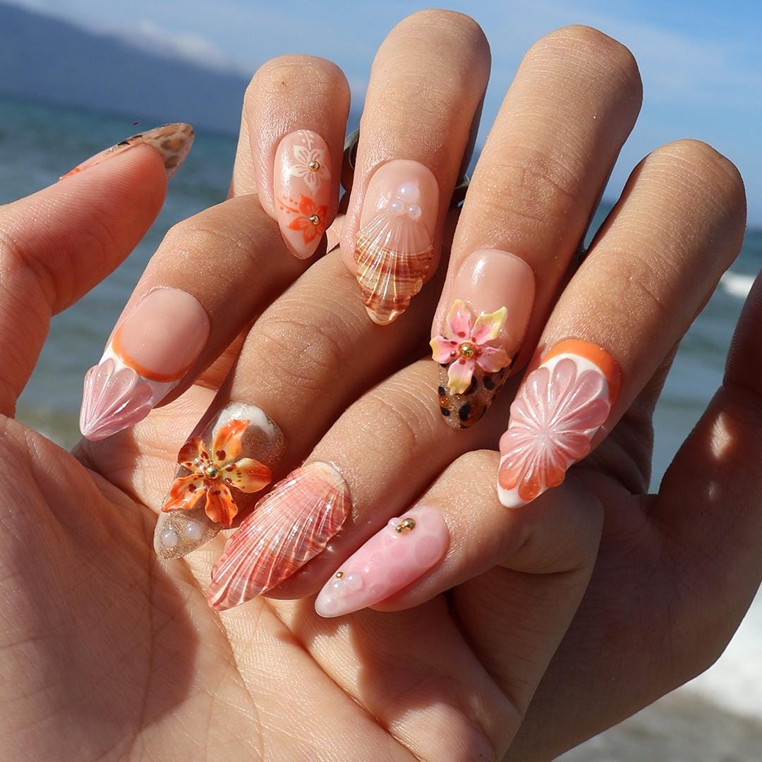Summer Press On Nails Floral Sunset with Leopard Accents | 3D Starfish Fake Nails in Medium Almond | Handmade Nail Art for Holiday, Vacation