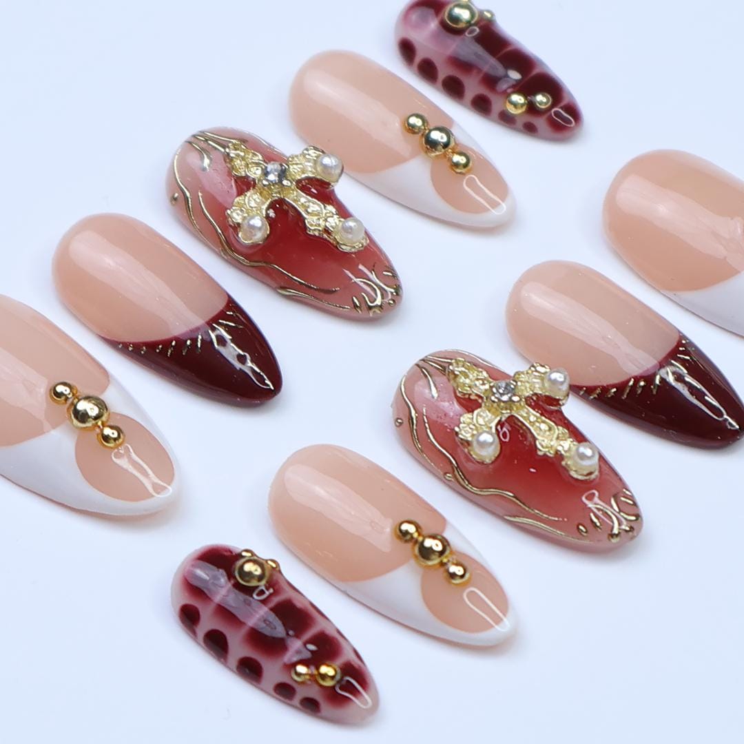 Press On Nails Gold Cross with Red Marble | Glam Fake Nails in Medium Almond | Handmade Luxury Nail Art for Vacation, Birthday, Gift