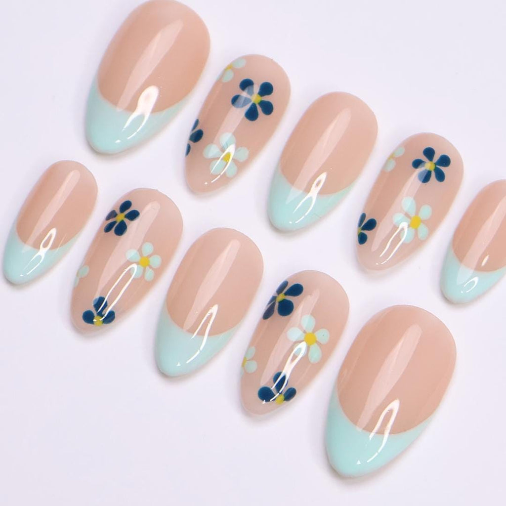 Minimal Press on Nails Blue Floral with Mint French Tip | Everyday Fake Nail Arts in Short Almond | Handmade Nail Art for Holiday, Birthday