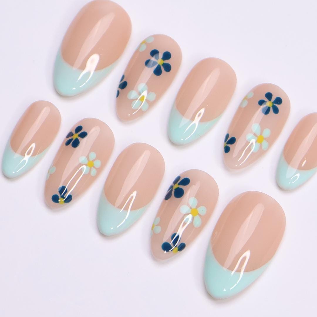 Minimal Press on Nails Blue Floral with Mint French Tip | Everyday Fake Nail Arts in Short Almond | Handmade Nail Art for Holiday, Birthday