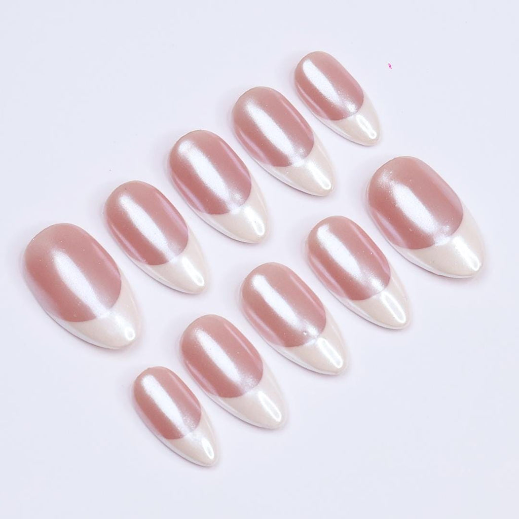 Minimal Press on Nails Pearl Shine with White French Tip | Everyday Fake Nail Arts in Short Almond | Handmade Nail Art for Holiday, Birthday