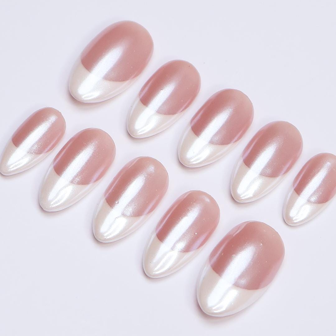 Minimal Press on Nails Pearl Shine with White French Tip | Everyday Fake Nail Arts in Short Almond | Handmade Nail Art for Holiday, Birthday