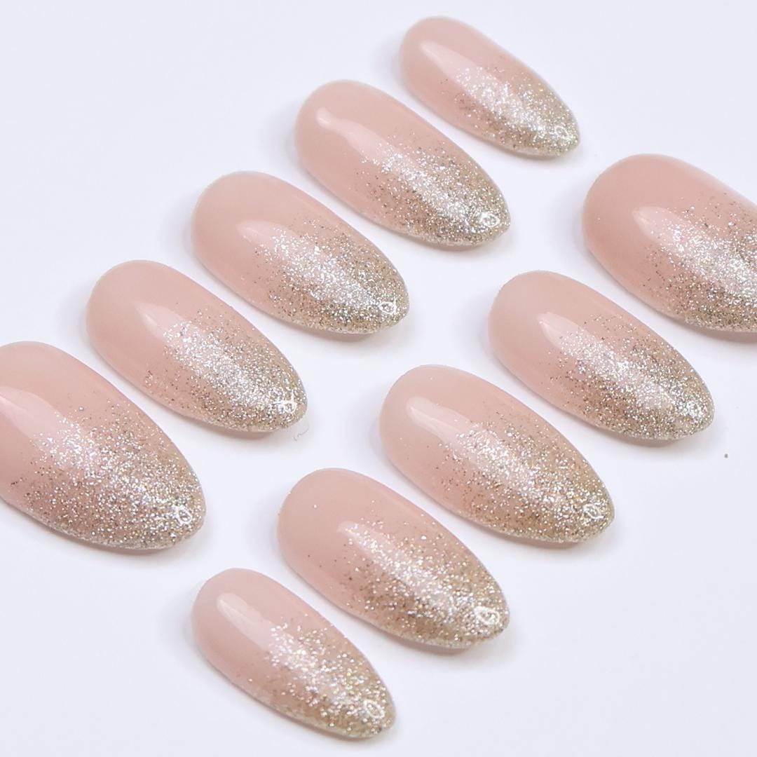 Minimal Press on Nails Gold Glitter Ombre | Everyday Fake Nail Arts in Short Almond | Handmade Nail Art for Holiday, Vacation, Birthday