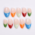 Minimal Press on Nails Colorful French Tips | Everyday Fake Nail Arts in Short Almond | Handmade Nail Art for Holiday, Vacation, Birthday