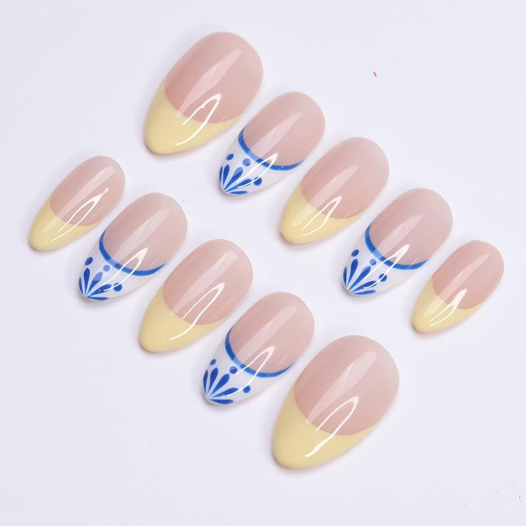 Minimal Press on Nail Yellow Butter French Tip & Blue Detail | Everyday Fake Nail Art in Short Almond | Handmade Nail Art for Birthday, Trip