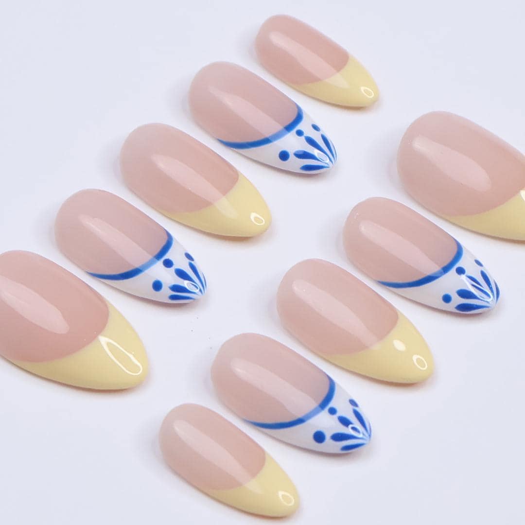 Minimal Press on Nail Yellow Butter French Tip & Blue Detail | Everyday Fake Nail Art in Short Almond | Handmade Nail Art for Birthday, Trip
