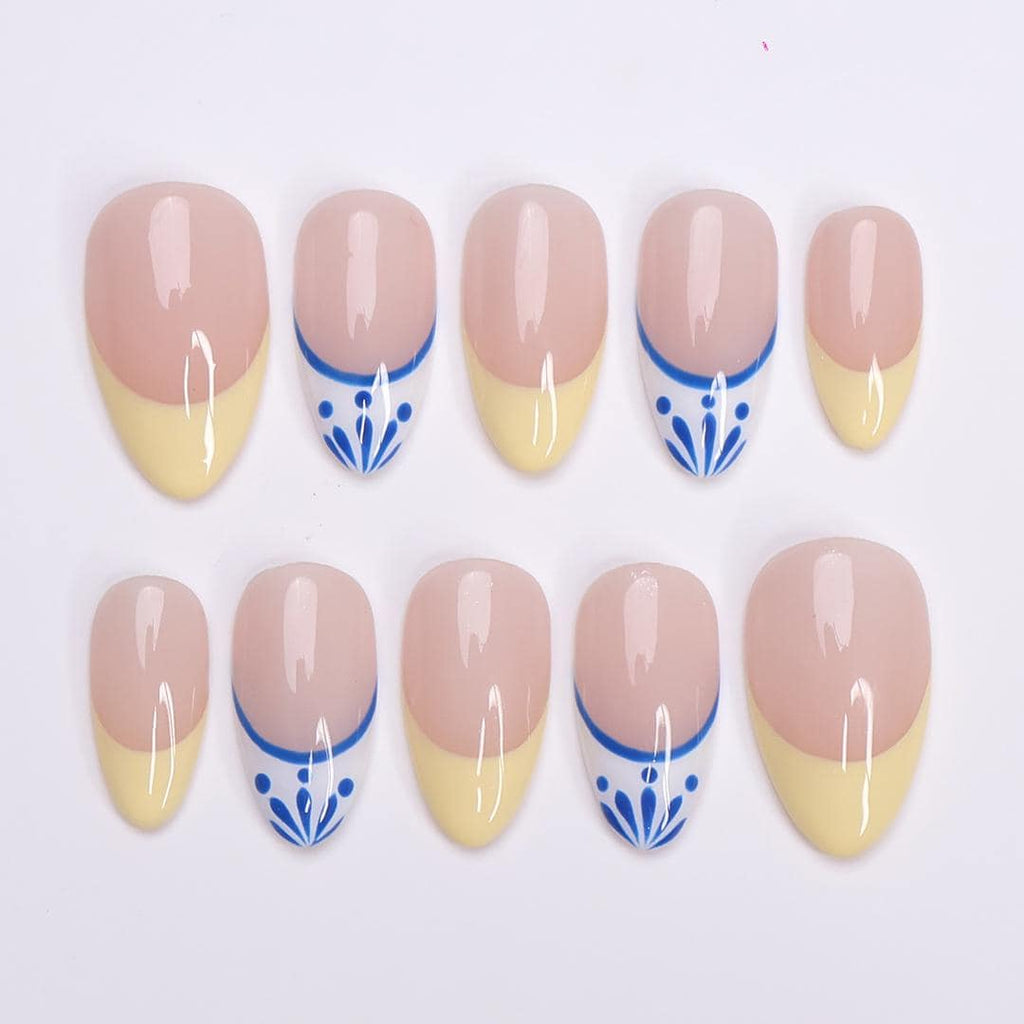 Minimal Press on Nail Yellow Butter French Tip & Blue Detail | Everyday Fake Nail Art in Short Almond | Handmade Nail Art for Birthday, Trip