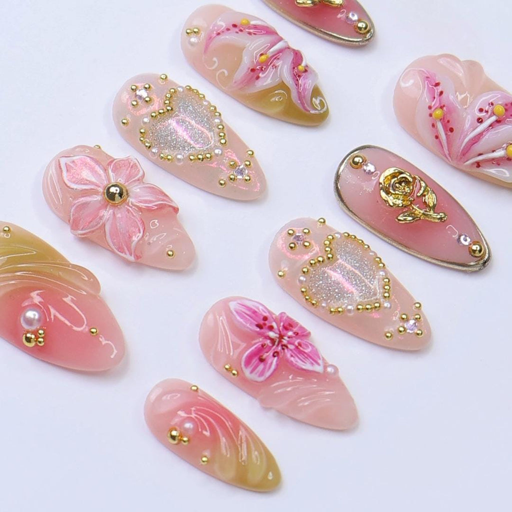 3D Pink Lily Flower Press On Nails, Gold Heart & Rose Spring Nail in Medium Almond, Elegant Handmade Nail for Wedding, Anniversary, Birthday