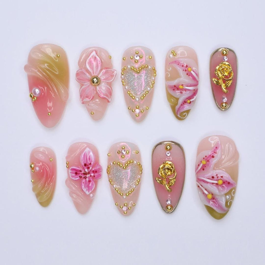 3D Pink Lily Flower Press On Nails, Gold Heart & Rose Spring Nail in Medium Almond, Elegant Handmade Nail for Wedding, Anniversary, Birthday