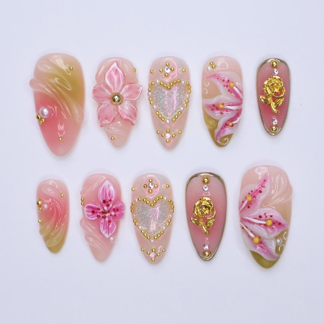 3D Pink Lily Flower Press On Nails, Gold Heart & Rose Spring Nail in Medium Almond, Elegant Handmade Nail for Wedding, Anniversary, Birthday