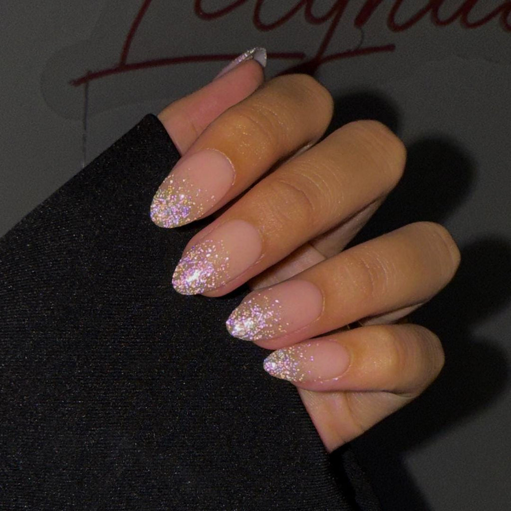 Minimal Press on Nails Gold Glitter Ombre | Everyday Fake Nail Arts in Short Almond | Handmade Nail Art for Holiday, Vacation, Birthday