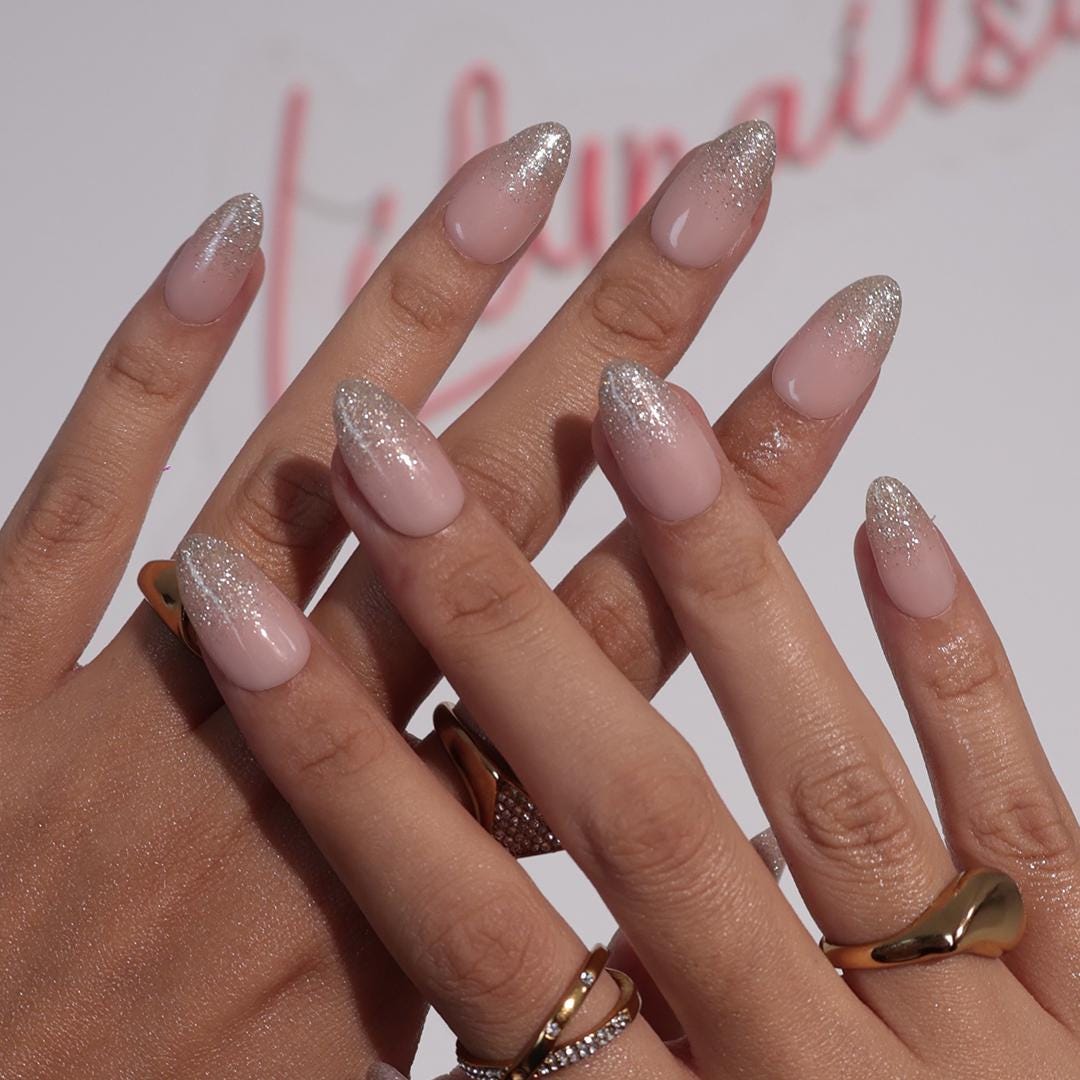 Minimal Press on Nails Gold Glitter Ombre | Everyday Fake Nail Arts in Short Almond | Handmade Nail Art for Holiday, Vacation, Birthday