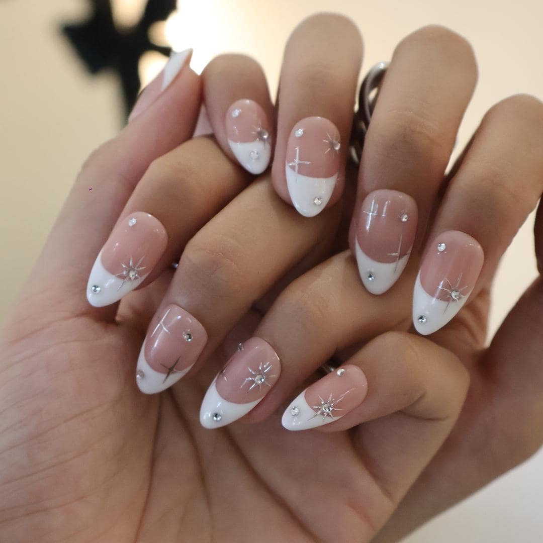 Minimal Press on Nails Silver Stars with White French Tip | Everyday Fake Nail Art in Short Almond | Handmade Nail Art for Holiday, Birthday