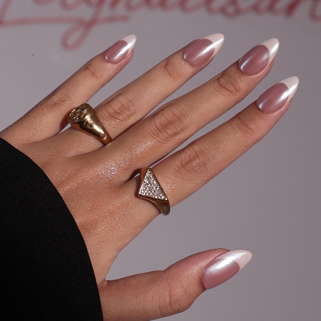 Minimal Press on Nails Pearl Shine with White French Tip | Everyday Fake Nail Arts in Short Almond | Handmade Nail Art for Holiday, Birthday