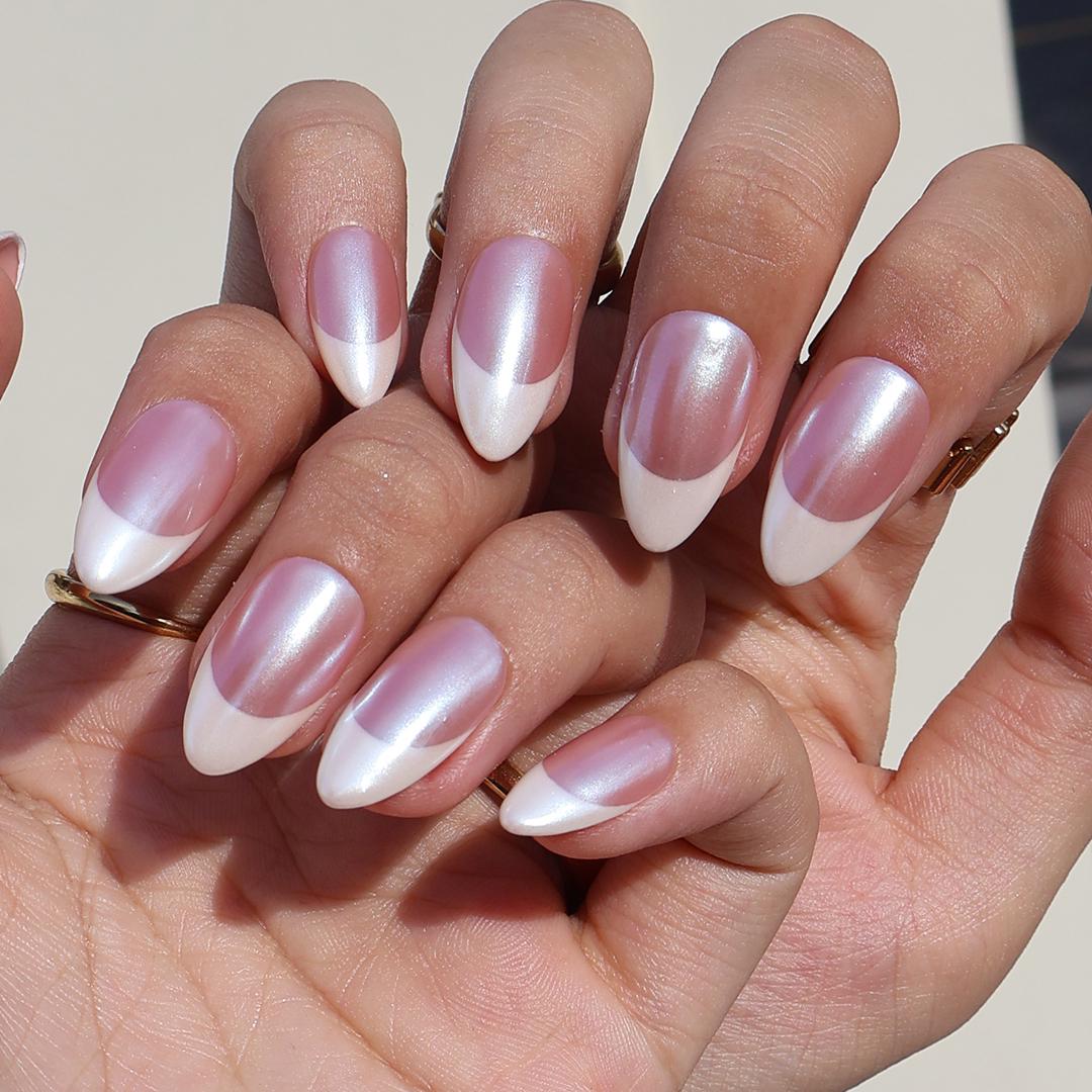 Minimal Press on Nails Pearl Shine with White French Tip | Everyday Fake Nail Arts in Short Almond | Handmade Nail Art for Holiday, Birthday