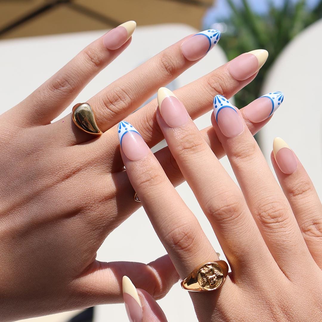 Minimal Press on Nail Yellow Butter French Tip & Blue Detail | Everyday Fake Nail Art in Short Almond | Handmade Nail Art for Birthday, Trip