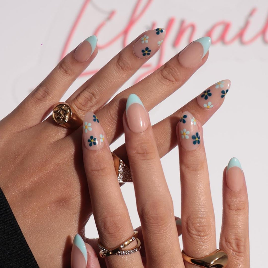 Minimal Press on Nails Blue Floral with Mint French Tip | Everyday Fake Nail Arts in Short Almond | Handmade Nail Art for Holiday, Birthday