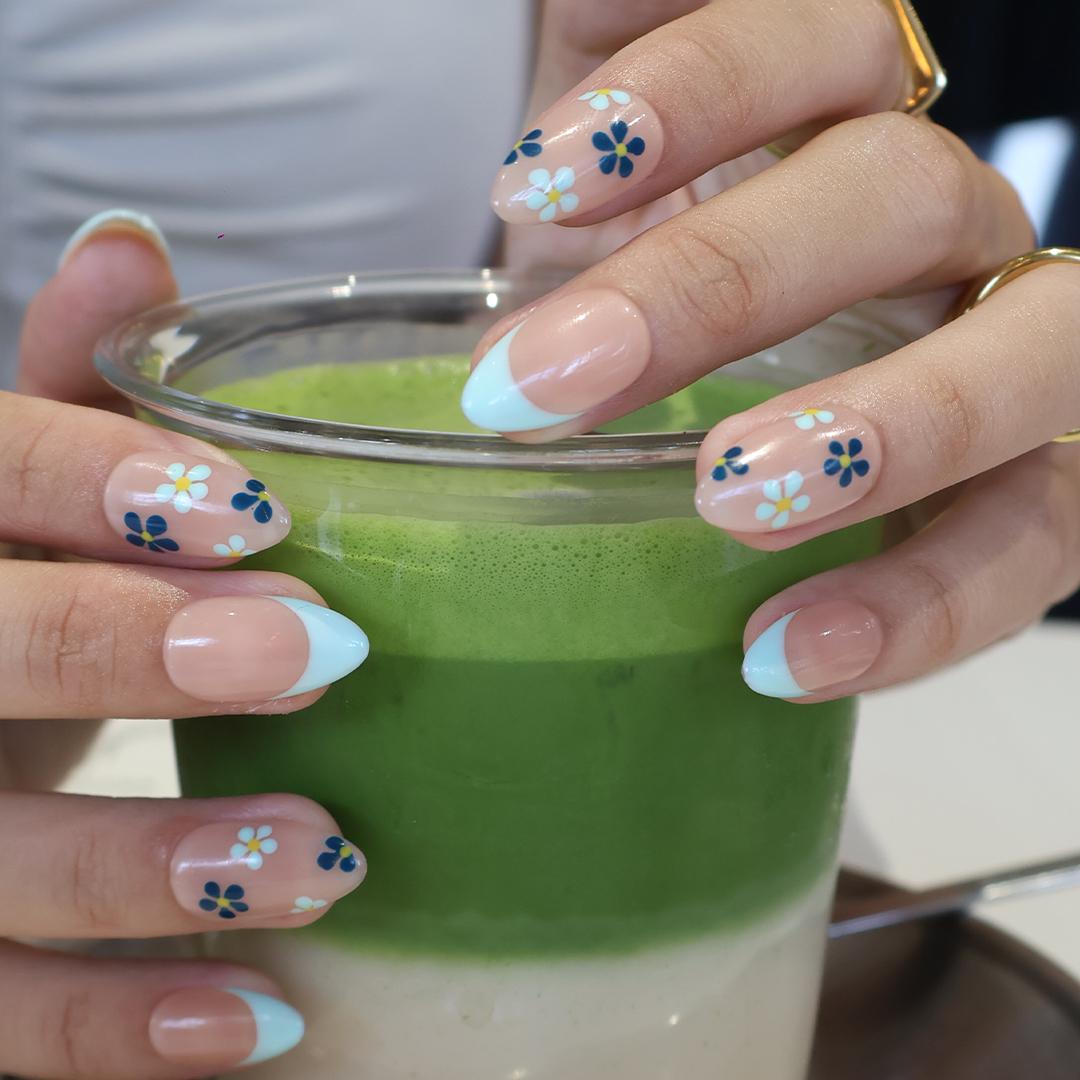 Minimal Press on Nails Blue Floral with Mint French Tip | Everyday Fake Nail Arts in Short Almond | Handmade Nail Art for Holiday, Birthday