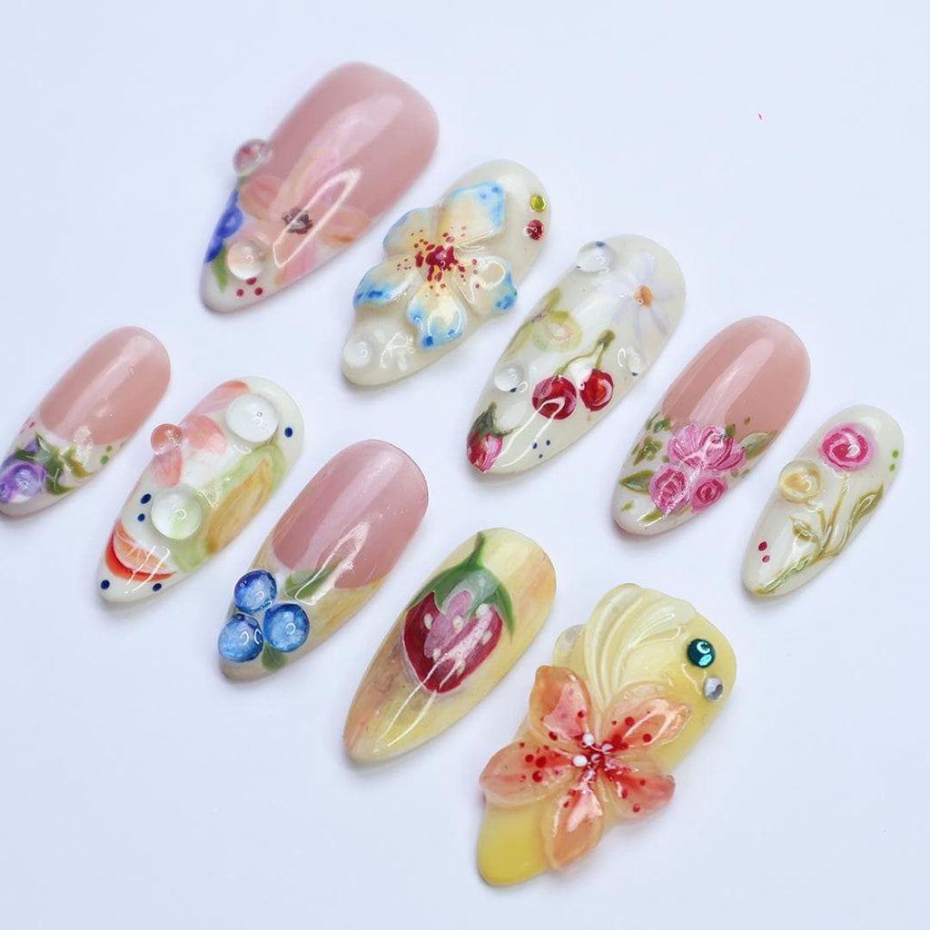 Press On Nails Summer Garden with Floral & Fruit Art | 3D Fake Nails in Medium Almond | Handmade Nail Art for Holiday, Vacation, Birthday