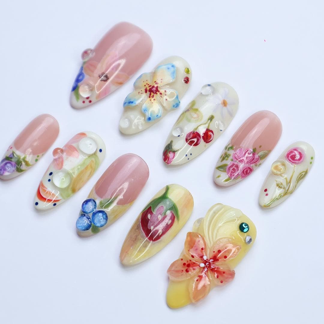 Press On Nails Summer Garden with Floral & Fruit Art | 3D Fake Nails in Medium Almond | Handmade Nail Art for Holiday, Vacation, Birthday