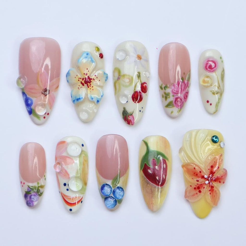 Press On Nails Summer Garden with Floral & Fruit Art | 3D Fake Nails in Medium Almond | Handmade Nail Art for Holiday, Vacation, Birthday