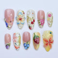 Press On Nails Summer Garden with Floral & Fruit Art | 3D Fake Nails in Medium Almond | Handmade Nail Art for Holiday, Vacation, Birthday